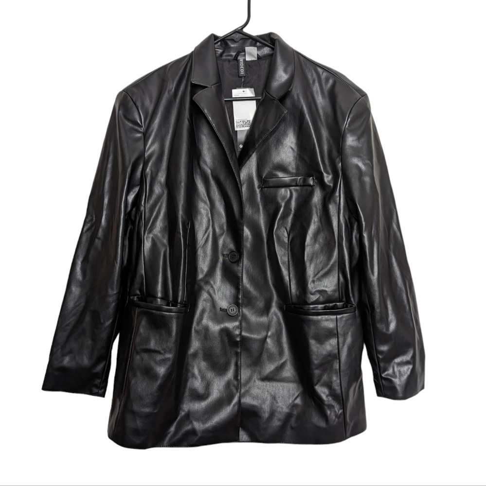 H&M Black Vegan Leather Single Breasted Open Front Blazer Size Medium New w/ Tag